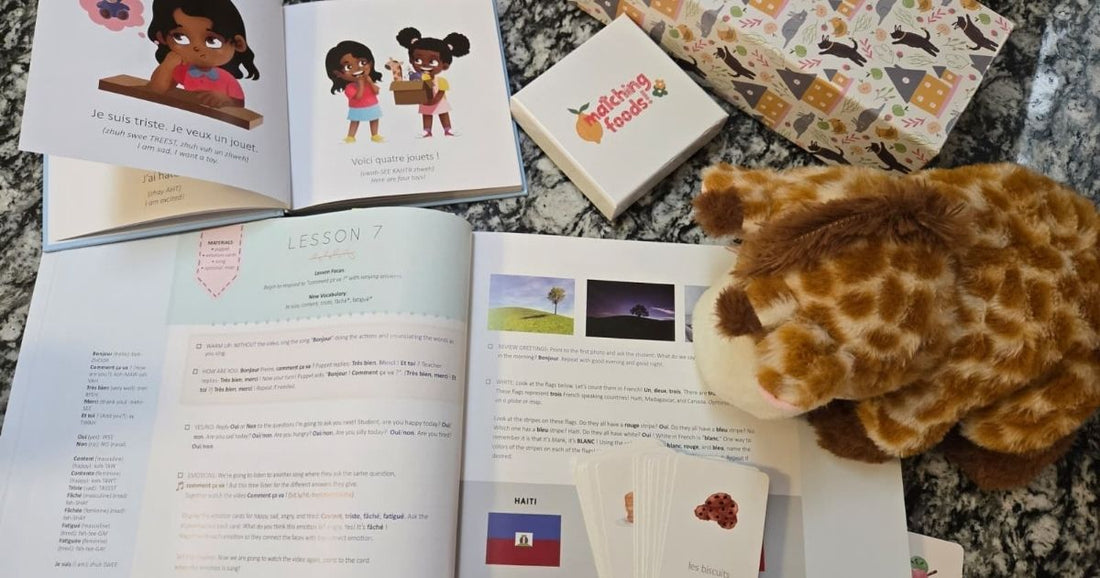 The French Level 1 textbook, puppet, storybook, and flashcards set out on a table.