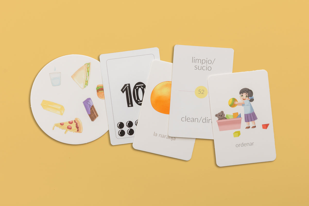 Spanish Level 1 digital flashcards cover with colorful illustrations and language-learning mascot