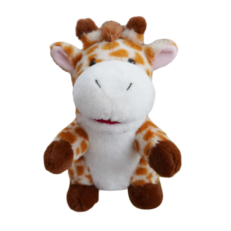 Plush giraffe toy on a peach background