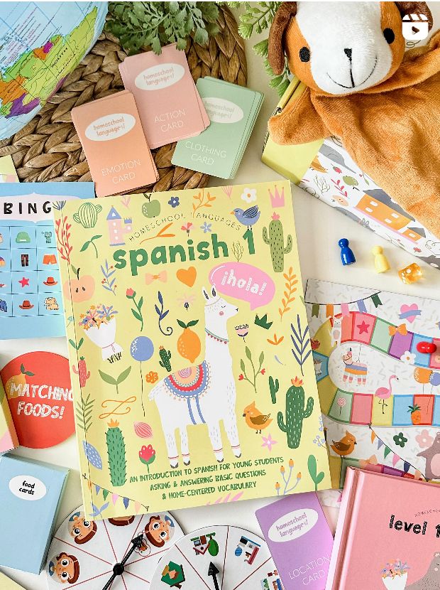 Spanish 1 book with flashcards, bingo, games, and puppet